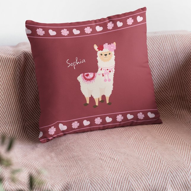 Pretty Pink Valentine's Day Llama Little Girl Name Throw Pillow (Creator Uploaded)