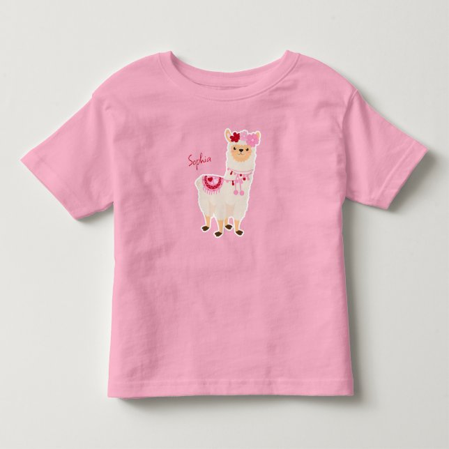 Pretty Pink Valentine's Day Llama Little Girl Name Toddler T-shirt (Front)