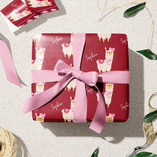 Pretty Pink Valentine's Day Llama Little Girl Name Wrapping Paper