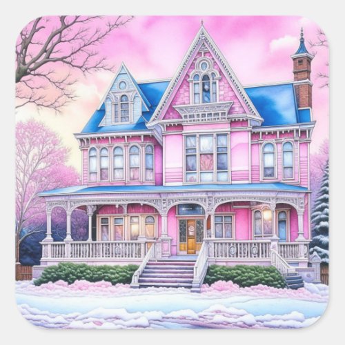 Pretty Pink Victorian House at Christmas time Square Sticker