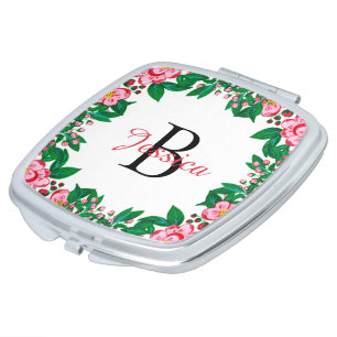 Pretty Pink Vintage Floral Frame Monogram Compact Mirror
