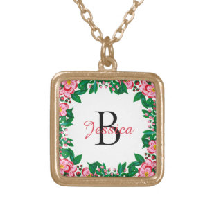 Pretty Pink Vintage Floral Frame Monogram Gold Plated Necklace
