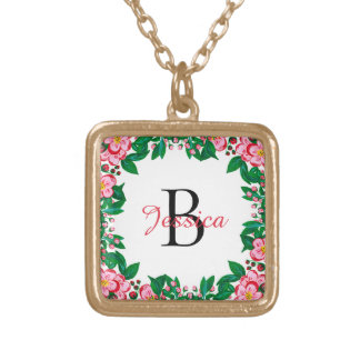 Pretty Pink Vintage Floral Frame Monogram Gold Plated Necklace