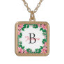 Pretty Pink Vintage Floral Frame Monogram Gold Plated Necklace