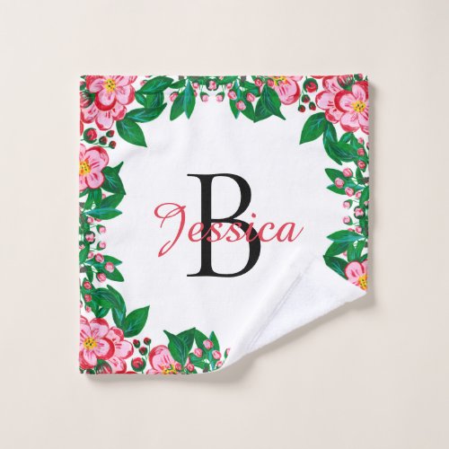 Pretty Pink Vintage Floral Frame Monogram Wash Cloth