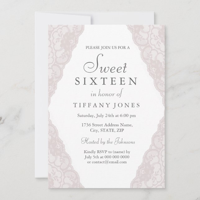 Pretty Pink Vintage Lace Sweet 16 Invitation (Front)