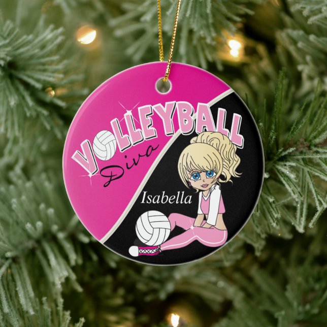 Pretty Pink Volleyball Diva Girl Player Ceramic Ornament (Tree)