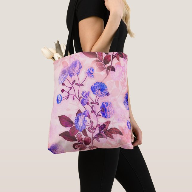 Pretty Pink w/ Purple Floral Print Tote Bag (Close Up)