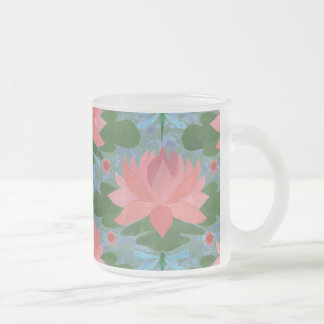 Pretty Pink Water Lilies and Blue Dragonflies Frosted Glass Coffee Mug