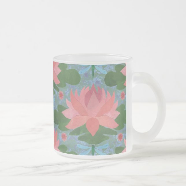 Pretty Pink Water Lilies and Blue Dragonflies Frosted Glass Coffee Mug (Right)