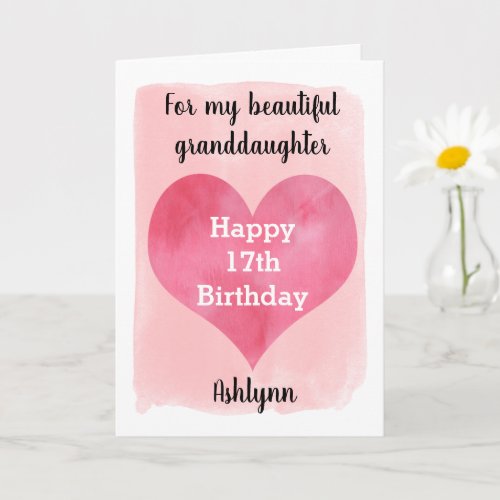 Pretty Pink Watercolor 17th Birthday Granddaughter Card