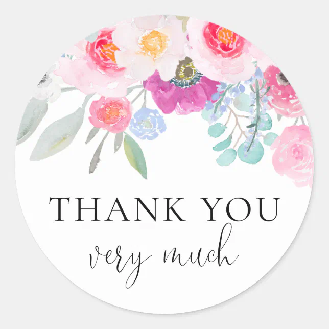 Pretty Pink Watercolor Anemones Thank You Wedding Classic Round Sticker ...