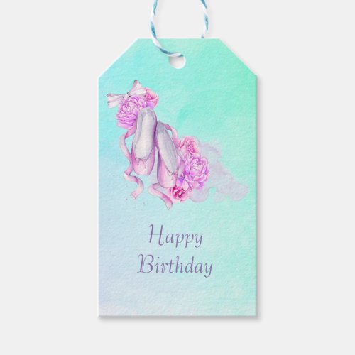 Pretty Pink Watercolor Ballet Shoes Happy Birthday Gift Tags