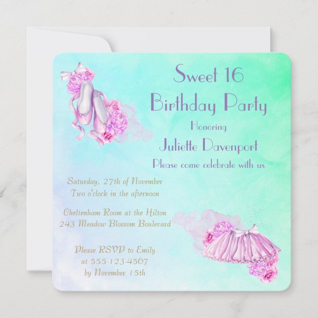 Pretty Pink Watercolor Ballet Theme Birthday Invitation (Front)