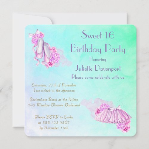 Pretty Pink Watercolor Ballet Theme Birthday Invitation