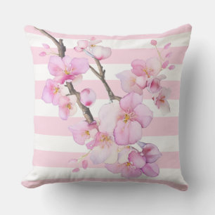 Pretty pink watercolor cherry blossoms stripes outdoor pillow