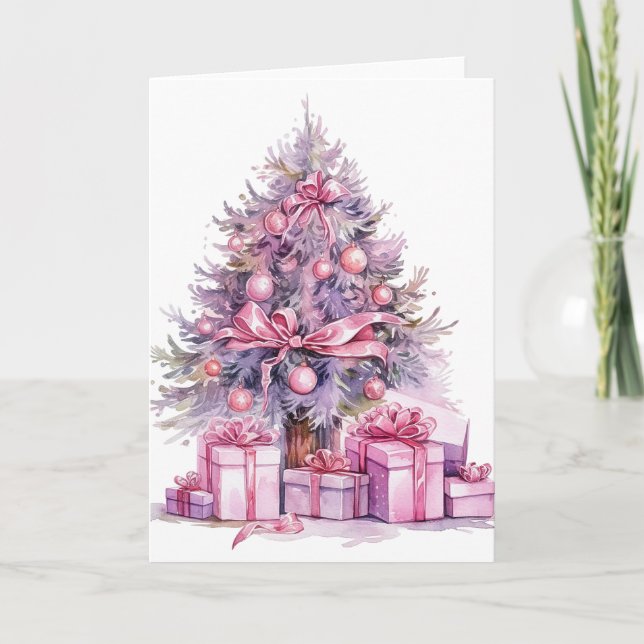Pretty Pink Watercolor Christmas Tree Card (Front)