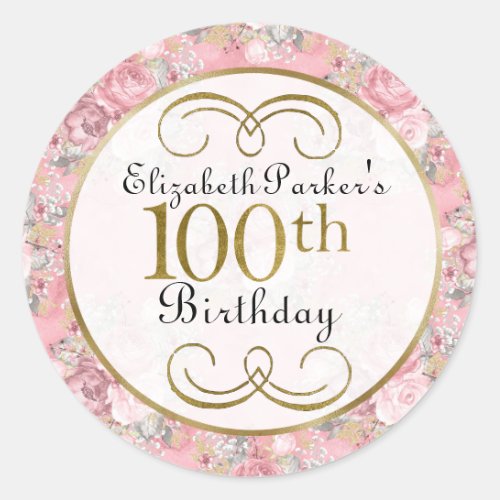 Pretty Pink Watercolor Floral 100th Birthday Classic Round Sticker
