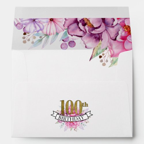 Pretty Pink Watercolor Floral 100th Birthday  Envelope