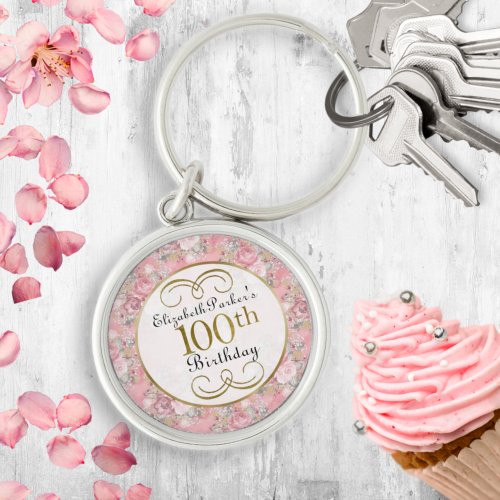 Pretty Pink Watercolor Floral 100th Birthday  Keychain