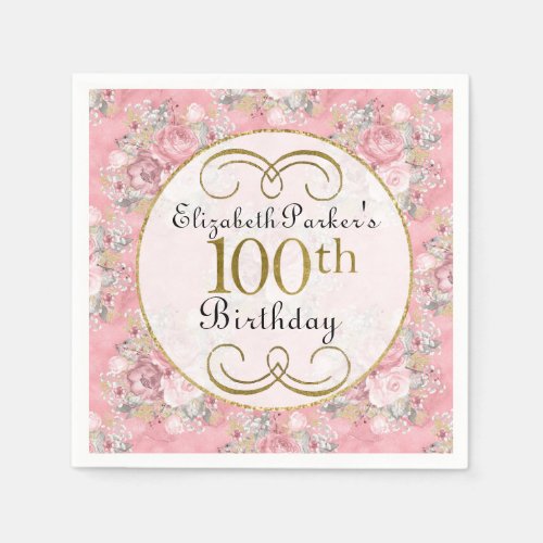 Pretty Pink Watercolor Floral 100th Birthday Napkins