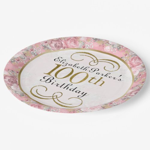Pretty Pink Watercolor Floral 100th Birthday Paper Plates