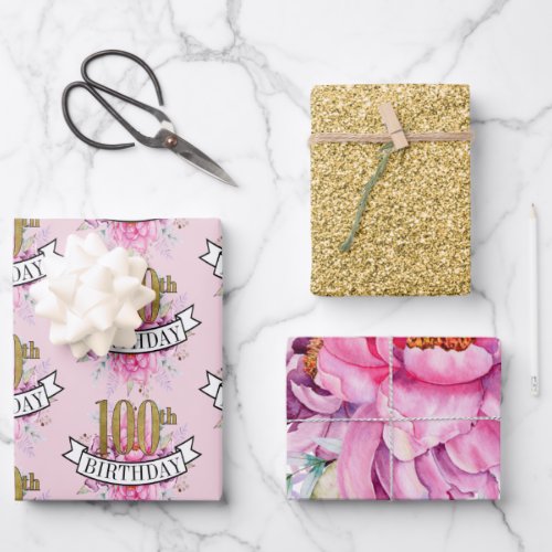 Pretty Pink Watercolor Floral 100th Birthday  Wrapping Paper Sheets