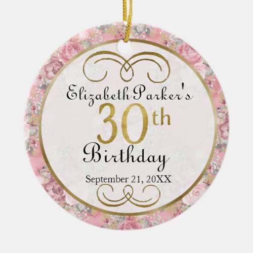 Pretty Pink Watercolor Floral 30th Birthday Ceramic Ornament