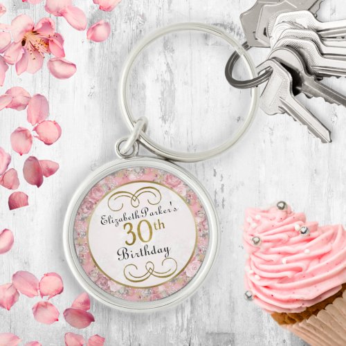 Pretty Pink Watercolor Floral 30th Birthday  Keychain