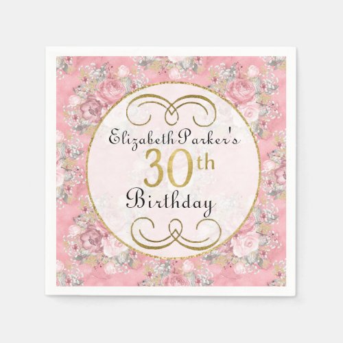 Pretty Pink Watercolor Floral 30th Birthday  Napkins