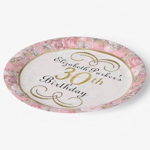 Pretty Pink Watercolor Floral 30th Birthday  Paper Plates