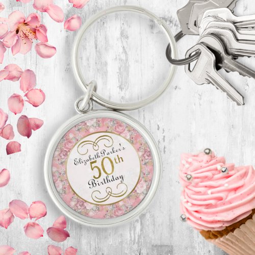 Pretty Pink Watercolor Floral 50th Birthday Keychain