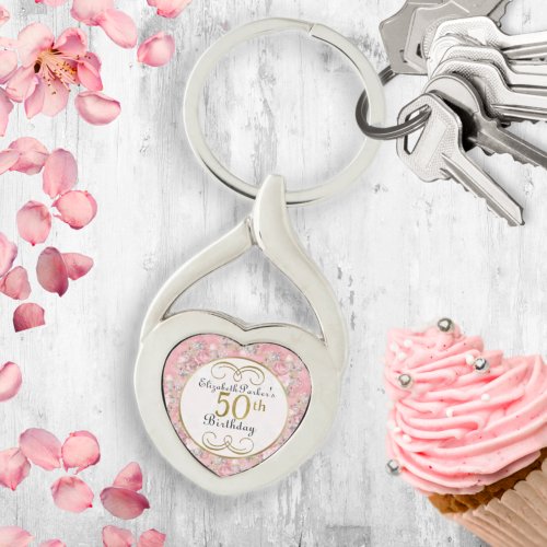 Pretty Pink Watercolor Floral 50th Birthday  Keychain