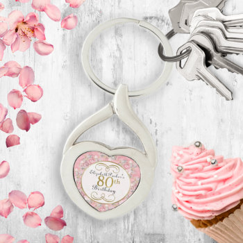 Pretty Pink Watercolor Floral 80th Birthday  Keychain by GiftShopOnline at Zazzle