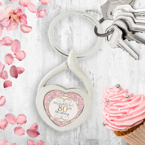 Pretty Pink Watercolor Floral 80th Birthday  Keychain