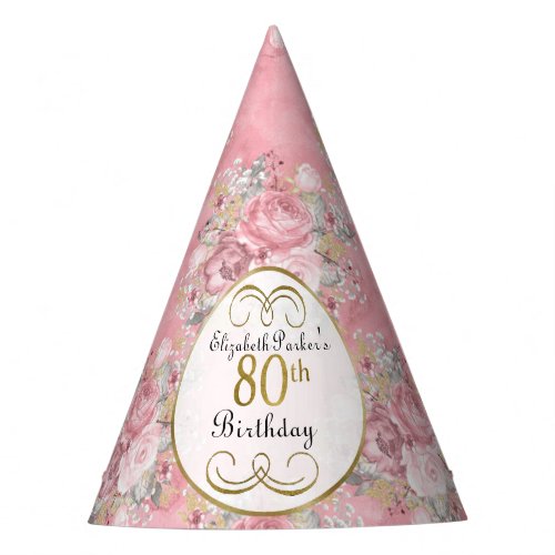 Pretty Pink Watercolor Floral 80th Birthday Party Hat