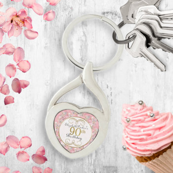 Pretty Pink Watercolor Floral 90th Birthday  Keychain by GiftShopOnline at Zazzle