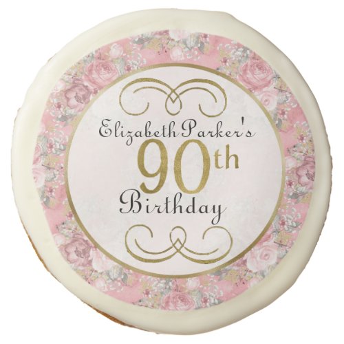 Pretty Pink Watercolor Floral 90th Birthday Sugar Cookie