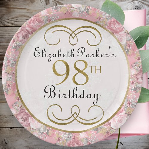 Pretty Pink Watercolor Floral 98th Birthday Paper Plates