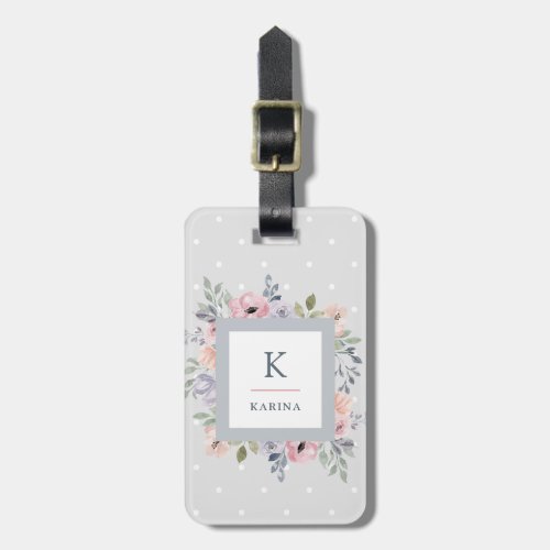 Pretty Pink Watercolor Floral and Monogram on Gray Luggage Tag