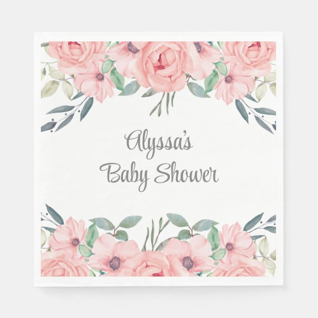 Pretty Pink Watercolor Floral Baby Girl Shower Napkins (Front)