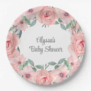 Pretty Pink Watercolor Floral Baby Girl Shower Paper Plates