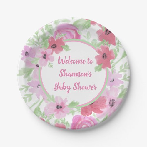 Pretty Pink Watercolor Floral Baby Shower Paper Plates