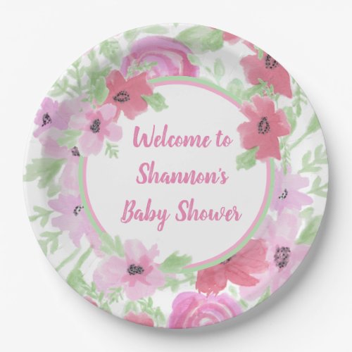 Pretty Pink Watercolor Floral Baby Shower Paper Plates