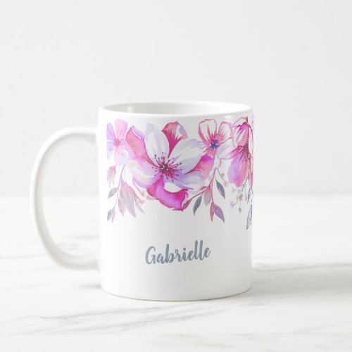 Pretty Pink Watercolor Floral Border Custom Name Coffee Mug