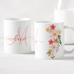Pretty Pink Watercolor Floral Custom Monogram Name Coffee Mug<br><div class="desc">A beautiful pink hand painted watercolor floral arrangement illustration on a mug with your own personalized monogram and name.</div>