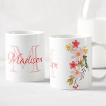 Pretty Pink Watercolor Floral Custom Monogram Name Coffee Mug<br><div class="desc">A beautiful pink hand painted watercolor floral arrangement illustration on a mug with your own personalized monogram and name.</div>