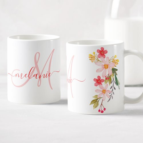 Pretty Pink Watercolor Floral Custom Monogram Name Coffee Mug