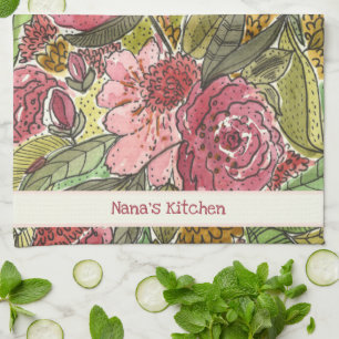 Pretty Pink Watercolor Floral Nana's Kitchen  Towel