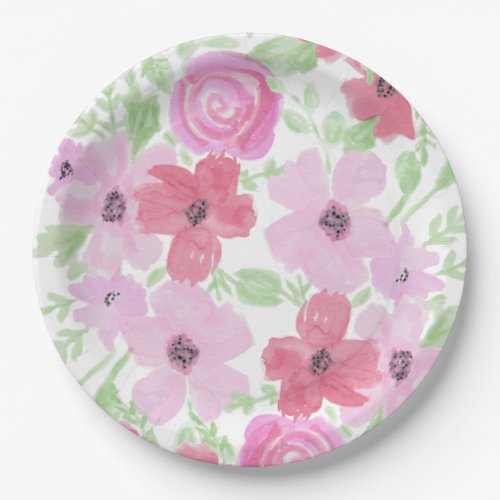 Pretty Pink Watercolor Floral Paper Plates